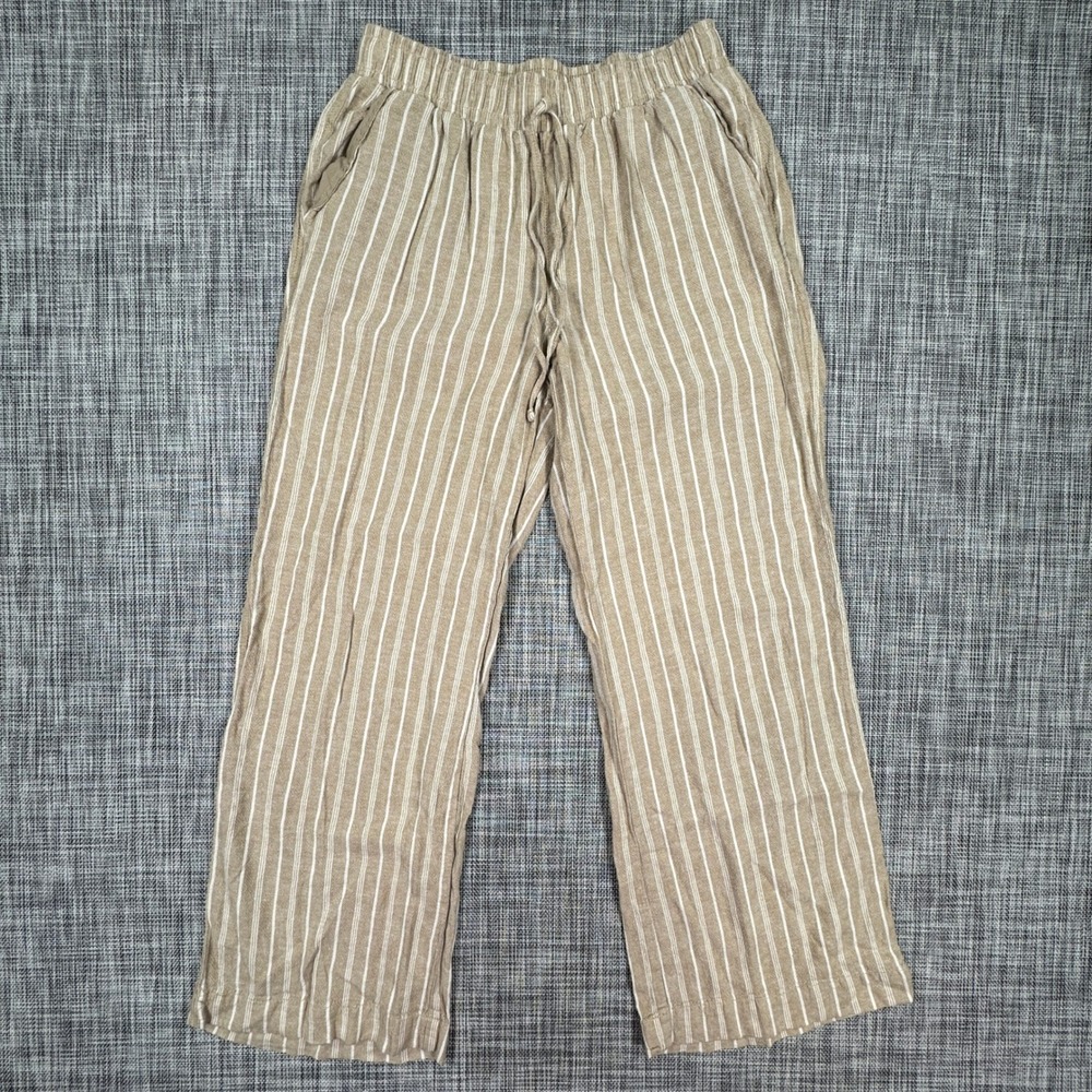 Briggs Womens Medium Beige White Striped Linen Rayon Wide Leg Drawstring Pants